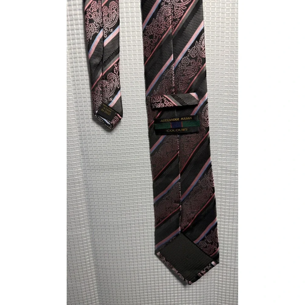 Alexander Julian Colours Necktie‎ OS Black Pink Paisley Striped Silk Tie